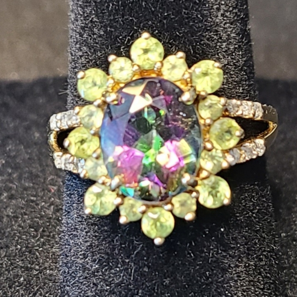 Mystic Topaz ring w/ Peridot halo and diamond accents